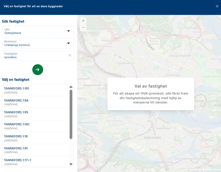 Skärmbild: skapa OVK med interaktiv karta